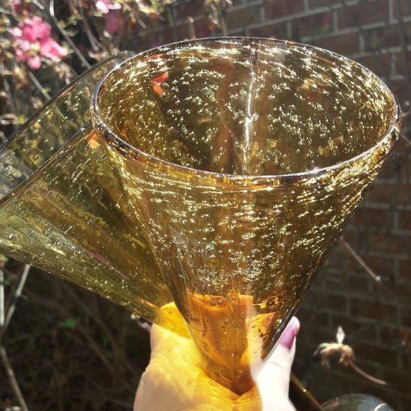 Vintage Golden Wine Goblets Bubble Glass Handmade Signed French Artist France - Picture 2 of 16